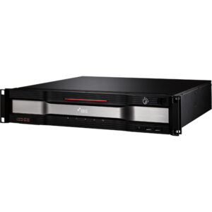Ein schwarzer IDIS Netzwerkrekorder im Rack-Design mit silbernen und roten Details auf der Vorderseite.