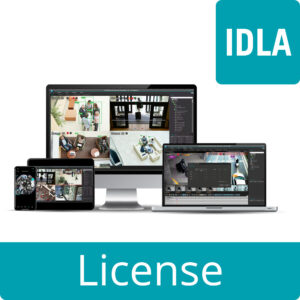Eine Darstellung von mehreren Bildschirmen mit Videoüberwachungssoftware und dem Text 'IDLA License'.