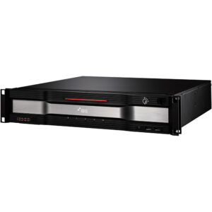 Ein schwarzer IDIS-Server in Rackmount-Design mit silberner Frontblende und roten Akzenten.