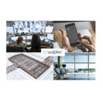 Collage aus vier Bildern: Personen in einem Kontrollraum mit Bildschirmen, eine Hand, die ein Smartphone mit Event-App hält, ein architektonischer 3D-Plan und einer Flughafen-Abflughalle mit Blick auf das Rollfeld. Logo von C·WERK in der Mitte.