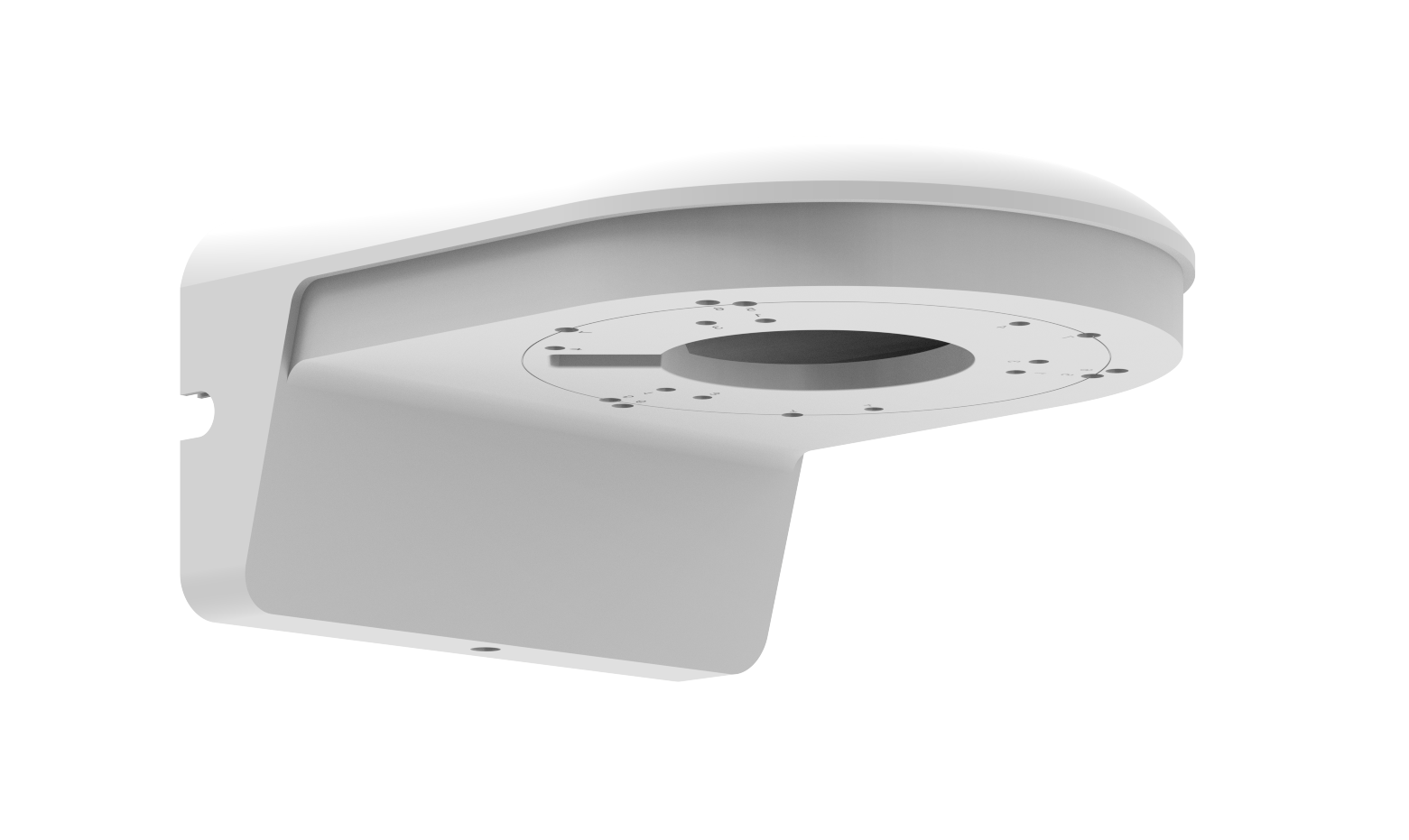 Weiße Kamerahalterung mit kreisförmigen Lochmustern, schräg von unten aufgenommen.