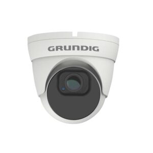 Eine weiße Überwachungskamera der Marke Grundig mit einem kompakten, abgerundeten Design und einem zentralen Objektiv.