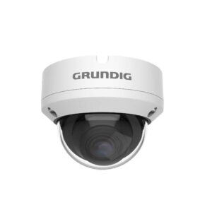 Weißer Grundig Dome-Überwachungskamera mit kugelförmiger Linse und Markennamen auf der Oberseite.