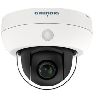 Weiß-schwarze Überwachungskamera von Grundig, die an der Decke montiert werden kann.