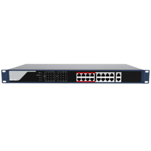Ein Netzwerk-Switch im Rack-Mount-Format mit mehreren Ethernet-Ports und mehreren kleinen quadratischen Ports, wahrscheinlich für Glasfaser, auf der Vorderseite.