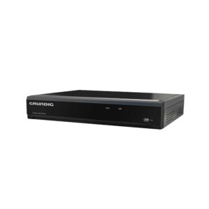Schwarzer Grundig Netzwerk-Video-Rekorder mit USB-Anschluss und leuchtenden LED-Anzeigen für Power und HDD.