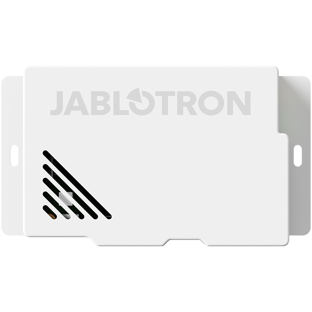Weiße elektronische Sicherheitseinheit von Jablotron mit Lüftungsschlitzen und Logo auf der Vorderseite.