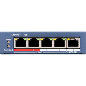 Ein blauer Netzwerk-Switch mit fünf Ethernet-Ports, von denen vier Power-over-Ethernet (PoE) unterstützen, und einem Uplink-Port.