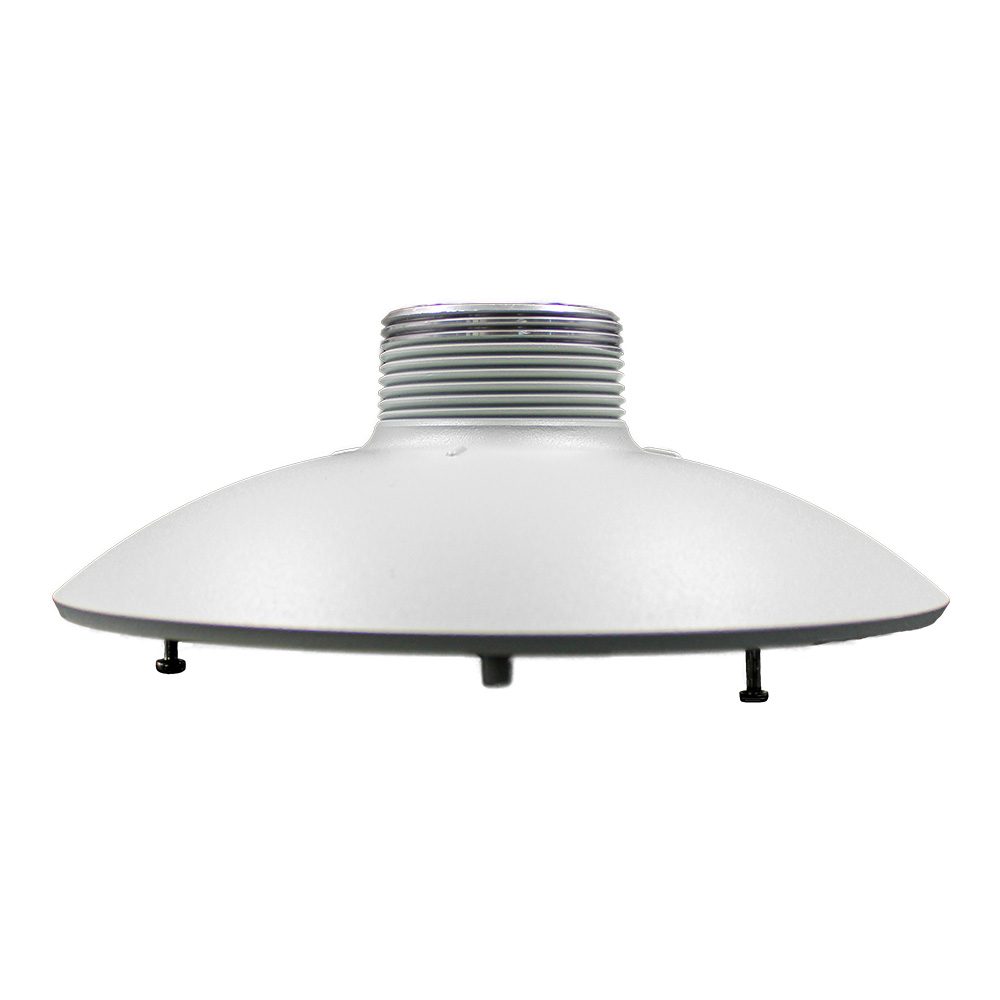 Graues, kuppelförmiges Elektronikgehäuse mit einem metallischen Anschlussstück und mehreren Befestigungsschrauben an der Basis.