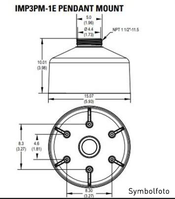 Technische Zeichnung einer IMP3PM-1E Pendelhalterung mit Maßangaben in Zoll, die die Höhe, Breite und Bohrungsdurchmesser zeigt.