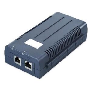 Ein schwarzes Netzwerkgerät mit zwei Ethernet-Anschlüssen an der Vorderseite und Lüftungsschlitzen an den Seiten.