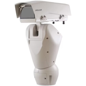 Ein weißes CCTV-Kameragehäuse von Pelco mit einem robusten, wetterfesten Design und einem transparenten Schutzfenster für die Kamera.