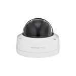 Eine weiße, halbkugelförmige Überwachungskamera mit dunkler Kuppel, die auf einem weißen Sockel montiert ist.