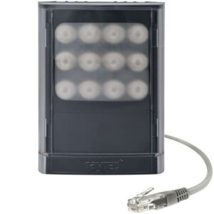Ein rechteckiges Gerät mit einer Reihe von 16 abgerundeten LED-Lichtern und einem angeschlossenen Ethernet-Kabel, auf dem der Markenname "raytec" steht.