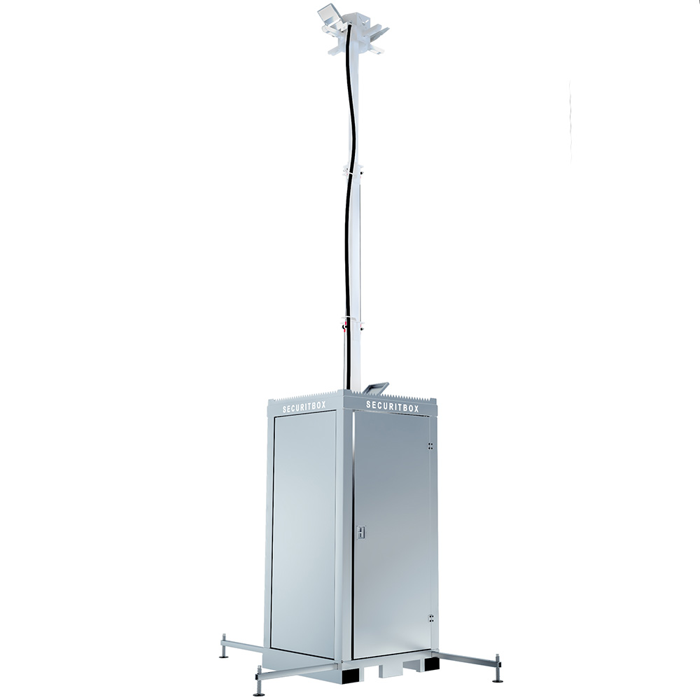 Eine silberne Sicherheitsbox mit einem hohen Mast und Kameras auf der Spitze, erkennbar durch das Wort "Securitbox" auf der Vorderseite, auf einem weißen Hintergrund.
