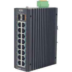 Ein schwarzer Netzwerk-Switch mit 18 Ethernet-Ports, zwei SFP-Ports und einem grünen Anschlussblock oben.
