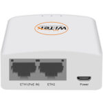 Ein weißer Netzwerkadapter mit zwei Ethernet-Anschlüssen, gekennzeichnet als ETH1 (PoE IN) und ETH2, sowie einem Stromanschluss auf der rechten Seite und einem Logo oben.
