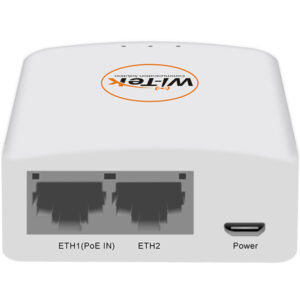 Ein weißer Netzwerkadapter mit zwei Ethernet-Anschlüssen, gekennzeichnet als ETH1 (PoE IN) und ETH2, sowie einem Stromanschluss auf der rechten Seite und einem Logo oben.