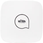 Quadratisches weißes Gerät mit abgerundeten Ecken und dem Logo "Wi-Tek Communication Solution" in der Mitte aufgedruckt.
