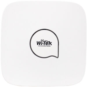 Quadratisches weißes Gerät mit abgerundeten Ecken und dem Logo "Wi-Tek Communication Solution" in der Mitte aufgedruckt.