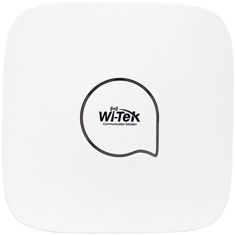 Quadratisches weißes Gerät mit abgerundeten Ecken und dem Logo "Wi-Tek Communication Solution" in der Mitte aufgedruckt.