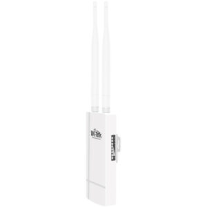 Ein weißes WiFi-Gerät von Wi-Tek mit zwei langen Antennen, seitlichem Kabelanschluss und minimalistischer Gestaltung.