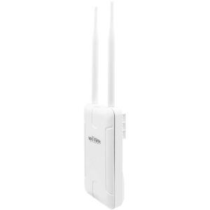 Weißer WLAN-Router mit zwei vertikal stehenden Antennen, Marke Wi-Tek.