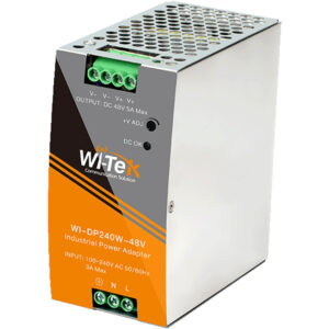 Industrielles Netzteil Wi-Tek WI-DP240W-48V mit orange-grauem Gehäuse, technischen Spezifikationen auf der Vorderseite; Eingang 100-240V AC, Ausgang DC 48V 5A.