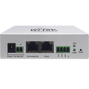 Ein Wi-Tek PoE-Netzwerkswitch mit zwei Ethernet-Ports, einer Stromversorgungsbuchse und drei grünen Status-LED-Leuchten auf der Vorderseite.