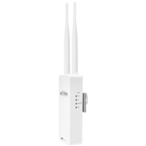 Ein weißer Wi-Fi-Router mit zwei langen Antennen und vier Status-LEDs, montiert auf einer Halterung.