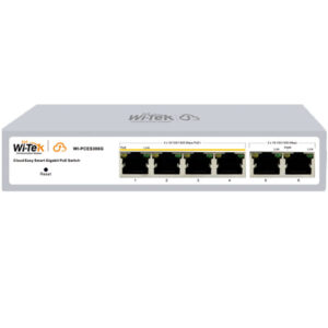 Ein WiTek WI-PCES306G Cloud Easy Smart Gigabit PoE Switch mit sechs Netzwerkanschlüssen, davon vier PoE-Ports und zwei Standardports.