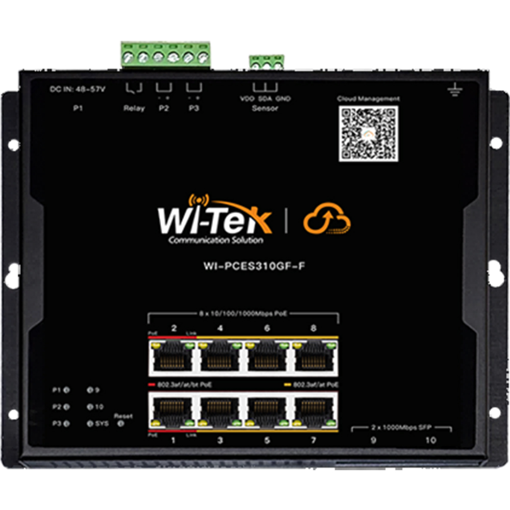 Ein Wi-Tek Kommunikationsgerät mit der Bezeichnung WI-PCES310GF_F, ausgestattet mit acht RJ-45-Ports für Ethernet-Verbindungen und zwei 1000Mbps SFP-Ports. Die Gerätoberfläche zeigt verschiedene Anschlüsse und eine Anzeige für Cloud-Management oben rechts.