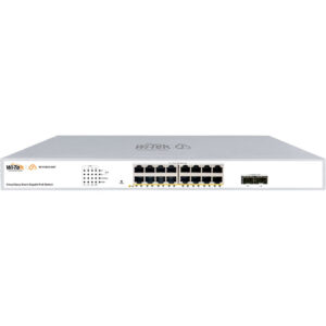 Ein weißer Wi-Tek Cloud Easy Smart Gigabit PoE Switch mit mehreren Ethernet-Anschlüssen, einschließlich eines Satzes von 16 Ports und zwei SFP-Konnektoren.