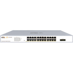 Ein Cloud-gesteuerter PoE-Switch von Wi-Tek mit mehreren Ethernet-Ports und einem kompakten, grauen Gehäuse.