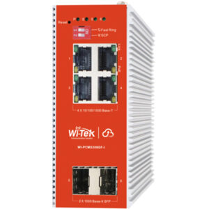 Roter Netzwerk-Switch von Wi-Tek, Modell WI-PCM5306GF-I, mit vier RJ45-Ports für 10/100/1000 Base-T und zwei SFP-Ports für 1000 Base-X.