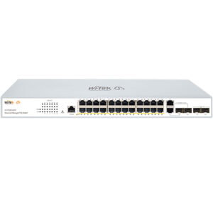 Ein weißer, cloudfähiger PoE-Switch mit 24 Ethernet-Ports und mehreren zusätzlichen SFP-Steckplätzen, hergestellt von WiTek.