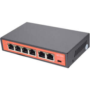 Ein schwarzer Wi-Tek Netzwerk-Switch mit acht Ethernet-Ports auf der Vorderseite, die rot hinterlegt sind.