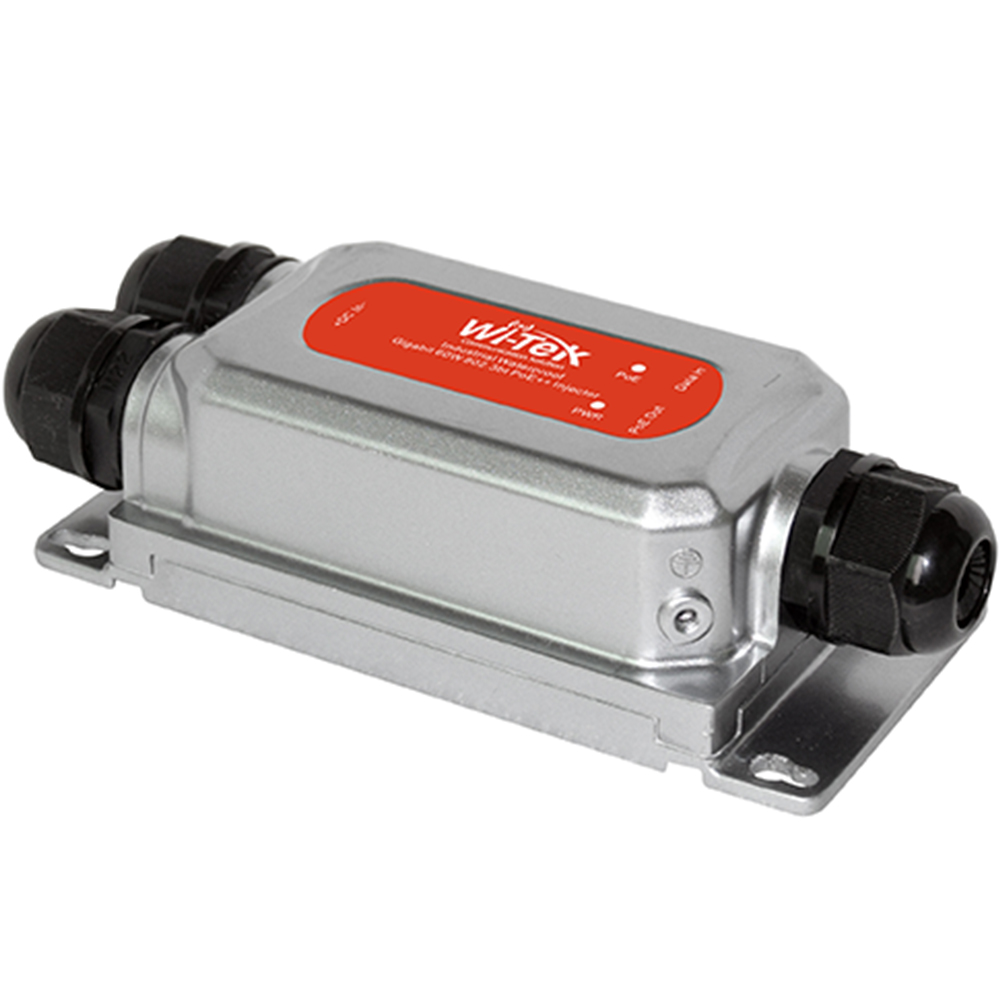 Silberner, rechteckiger Metallkasten mit rotem Etikett und Kabelanschlüssen an beiden Enden.