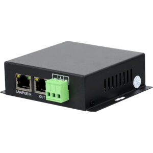 Industrieller Ethernet-zu-RS485/RS422-Konverter mit zwei LAN/POE-Anschlüssen und grünem Steckverbinder.