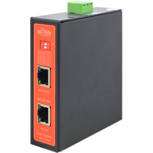 Ein schwarz-roter PoE-Splitter von Wi-Tek mit zwei Ethernet-Ports und einem grünen Terminalblock oben.