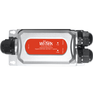 Ein industrielles wasserdichtes PoE++ Injektor-Gerät von Wi-Tek mit rotem Etikett und mehreren Anschlüssen an den Seiten.