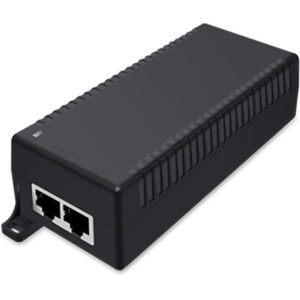 Ein schwarzer Power-over-Ethernet-Injektor mit zwei Ethernet-Anschlüssen an der Vorderseite und einem gerippten Gehäuse.