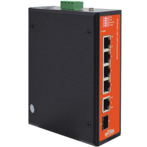 Ein schwarzer industrieller Netzwerk-Switch von Witek mit fünf Ethernet-Ports und einem grünen Anschluss oben.
