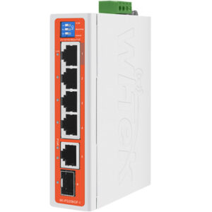 Ein weißer industrieller PoE-Switch mit sechs Ethernet-Ports und beschrifteten Schaltern auf einer orangefarbenen Leiste an der Vorderseite.