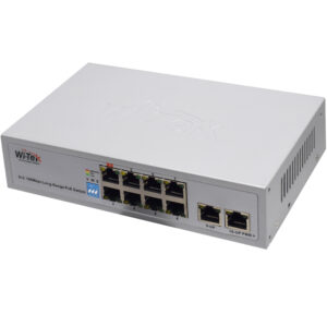 Ein silberner Wi-Tek PoE-Switch mit 8 Ethernet-Ports und zusätzlichen Anschlüssen, geeignet für eine 100-Mbps-Datenübertragung.
