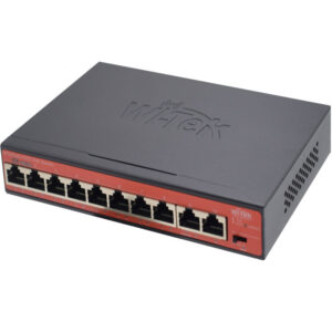 Ein schwarzer Wi-Tek Netzwerk-Switch mit roter Frontplatte und zwölf Ethernet-Anschlüssen, geeignet für PoE-Anwendungen.