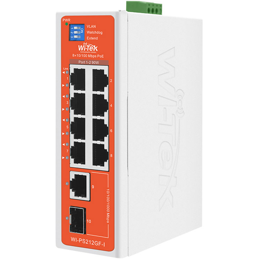 Ein weißer Netzwerk-Switch von Wi-Tek mit acht PoE-Ethernet-Ports, zwei zusätzlichen Ports und einem orangefarbenen Bedienfeld mit Einstellungen für VLAN und Watchdog.