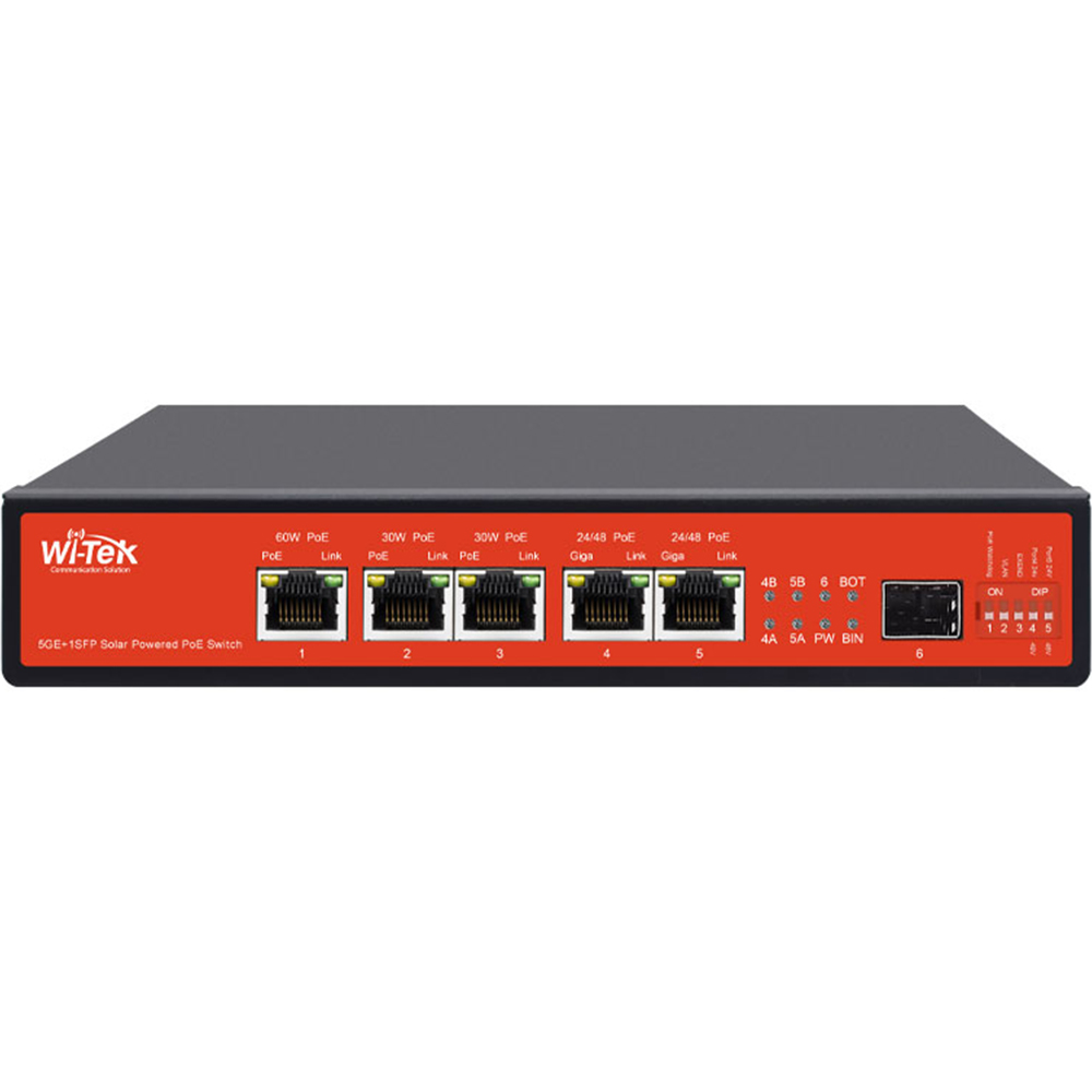 Ein roter PoE-Switch von Wi-Tek mit sechs Ports, einschließlich fünf Ethernet-Ports mit verschiedenen Leistungskapazitäten und einem SFP-Port, ausgestattet mit Anzeigen und einem Dip-Schalter an der rechten Seite.