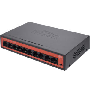 Ein schwarzer Wi-Tek PoE-Switch mit roter Frontplatte, die zehn Ethernet-Ports zeigt.