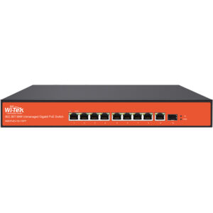 Wi-Tek 802.3BT 90W Unmanaged Gigabit PoE Switch mit 10 Ports, davon 8 Ethernet-Ports und 2 zusätzliche Anschlüsse, in einem schwarzen Gehäuse mit oranger Frontplatte.